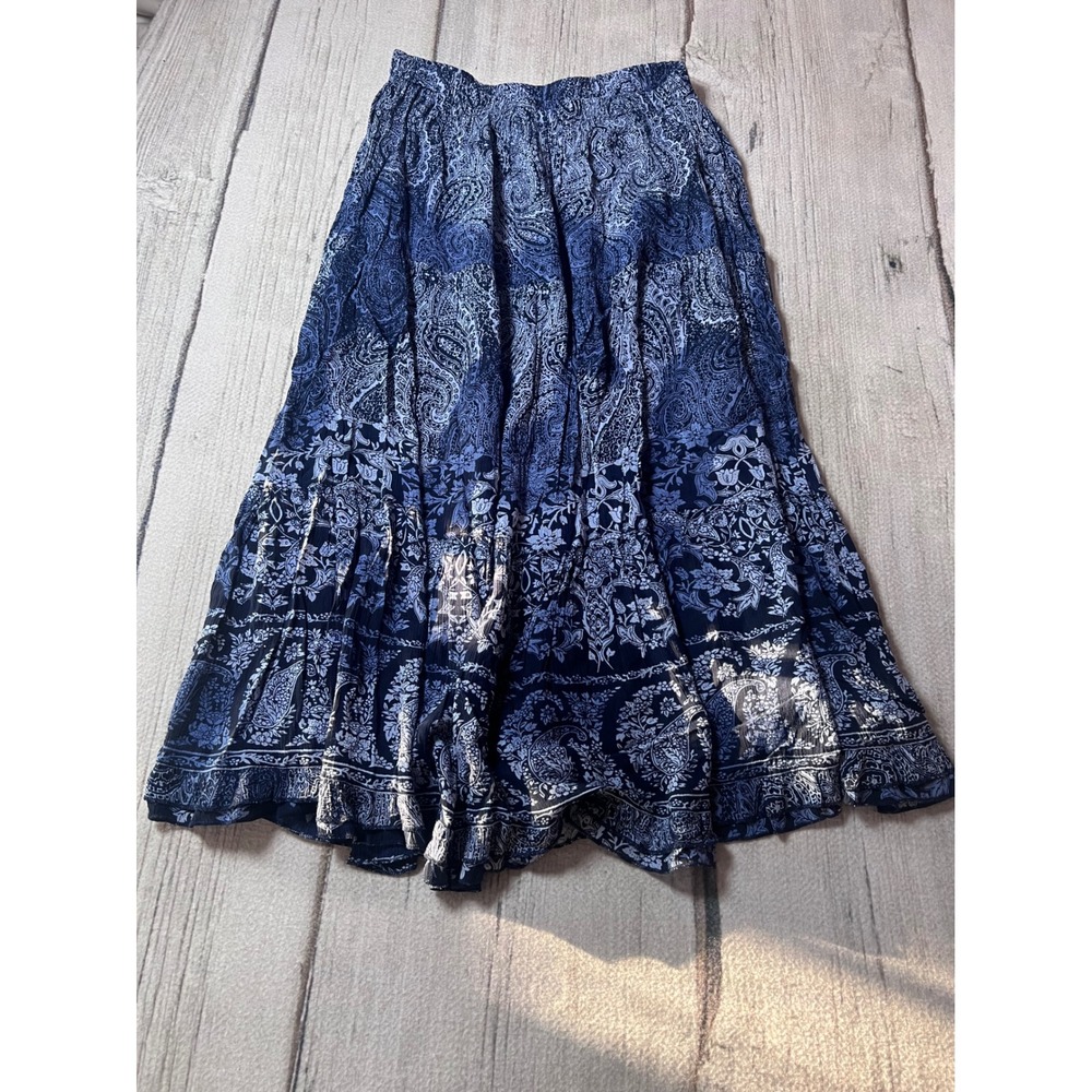 Bohemian Cafe Skirt Womens XL Blue Paisley Floral‎ Tiered Rayon Midi Boho